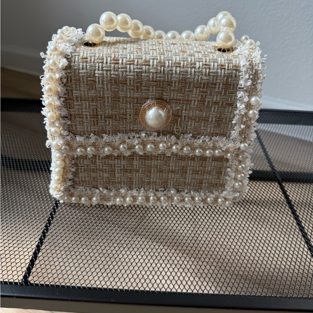 Elegant Pearl-Embellished Tan Handbag